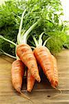 Fresh organic carrot with green leaves on a wooden background