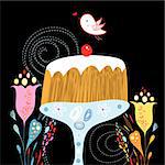 bright delicious cake and a bird on a black background with flowers