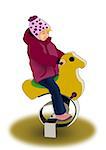 A happy little girl     riding a     rocking horse