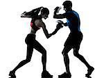 personal trainer man coach and woman exercising boxing silhouette  studio isolated on white background