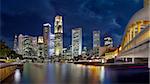 Singapore Central Business District (CBD) City Skyline Along Boat Quay at Blue Hour Panorama