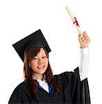 Portrait of excited Asian female student in graduate gown raised her graduation diploma isolated on white background