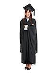 Full body happy Asian girl student in graduation gown standing isolated on white background