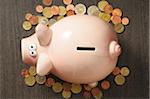 Overhead View of Piggy Bank surrounded by Coins, Studio Shot