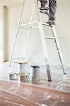 Man climbing ladder to paint room