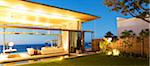 Illuminated modern patio at twilight