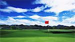 Golf Flag On Green With Cloudy Sky