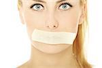 A picture of a young woman with a tape on her mouth over white background
