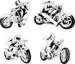 Vector set of bikers on motorcycles. Black and white sketches.