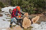 Man cutting wood for his wood stove before winter