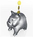 three golden coins are falling inside an armored piggy bank with a confident attitude on a white background