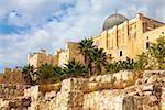 View of old city wall of Jerusalem with Al Aksa mosque