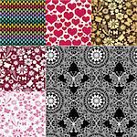 Collection seamless pastel patterns with flowers, butterflies and hearts (vector)