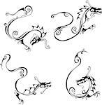 Stylistic exquisite dragon tattoos. Set of black and white vector illustrations.