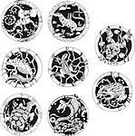 Round tattoos with reptiles. Set of black and white vector illustrations.