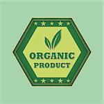 organic product and leaf sign - retro style green hexagon label with text, symbol and stars, business eco bio concept