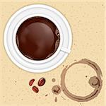 Cup of Coffee with Stains and Grains on Table, vector illustration