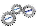 strategy, marketing, success - business concept words in 3d silver grey gearwheels