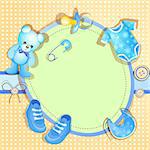 Blue baby shower card with baby boy elements