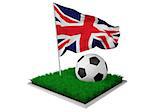 A piece of grass with a ball and an british  flag