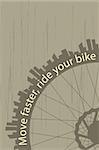 Vintage style poster with a bike wheel and city silhouette