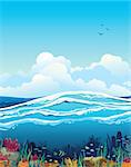 Nature vector seascape with underwater creatures and blue cloudy sky over surface