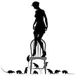 Editable vector silhouettes of a frightened woman standing on a chair surrounded by rats