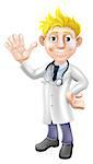 Illustration of a young cartoon doctor standing and waving with stethoscope