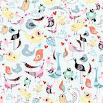 bright cheerful seamless pattern of funny birds on a blue background