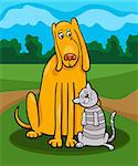 Cartoon Illustration of Funny Dog and Cute Tabby Cat in Friendship and Rural Scene