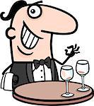 Cartoon Illustration of Funny Male Waiter in Restaurant Profession Occupation