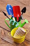 Close up of gardening tools on wooden table