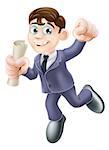 A happy man in business suit with certificate, qualification or other scroll jumping for with fist clenched. Education concept  career development , learning, training or passing a professional examination.