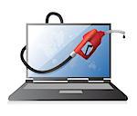 laptop computer with a gas pump nozzle illustration design over a white background