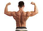 Rear view of a young man flexing his arm and back muscles over white background