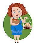 red-haired girl holds a bag of vegetables in one hand  and  a cake in another
