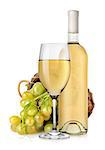 Wineglass and  grapes in a wooden basket isolated