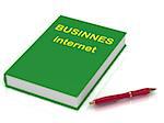 Green book of business on the Internet and red pen next to the book over white background