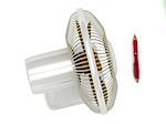 Illustration of table fan and a red pen on a white background