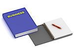 Notebook with a pen and a book on business on a white background