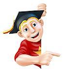Man in graduate mortar board hat or cap leaning round a sign or banner and pointing at it