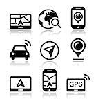 Modern black icons set with reflection - navigate road, map concept
