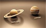 A rendered size-comparison sheet between the Planets Saturn and Jupiter with captions.