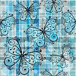 Gray-blue checkered pattern with blue butterflies and translucent balls in style grunge (vector eps10)