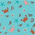 Blue seamless pattern with crabs, shells and stars