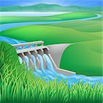 Illustration of a hydroelectric dam generating power and electricity