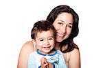 Beautiful happy mother and baby toddler son smiling together, isolated.
