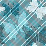 Gray-blue checkered pattern with diagonal strips and translucent butterflies and polka dots (vector eps10)