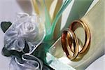 Wedding rings on a blue satiny fabric