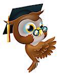 Illustration of a happy cute wise old owl leaning or peeking round a sign and pointing at it